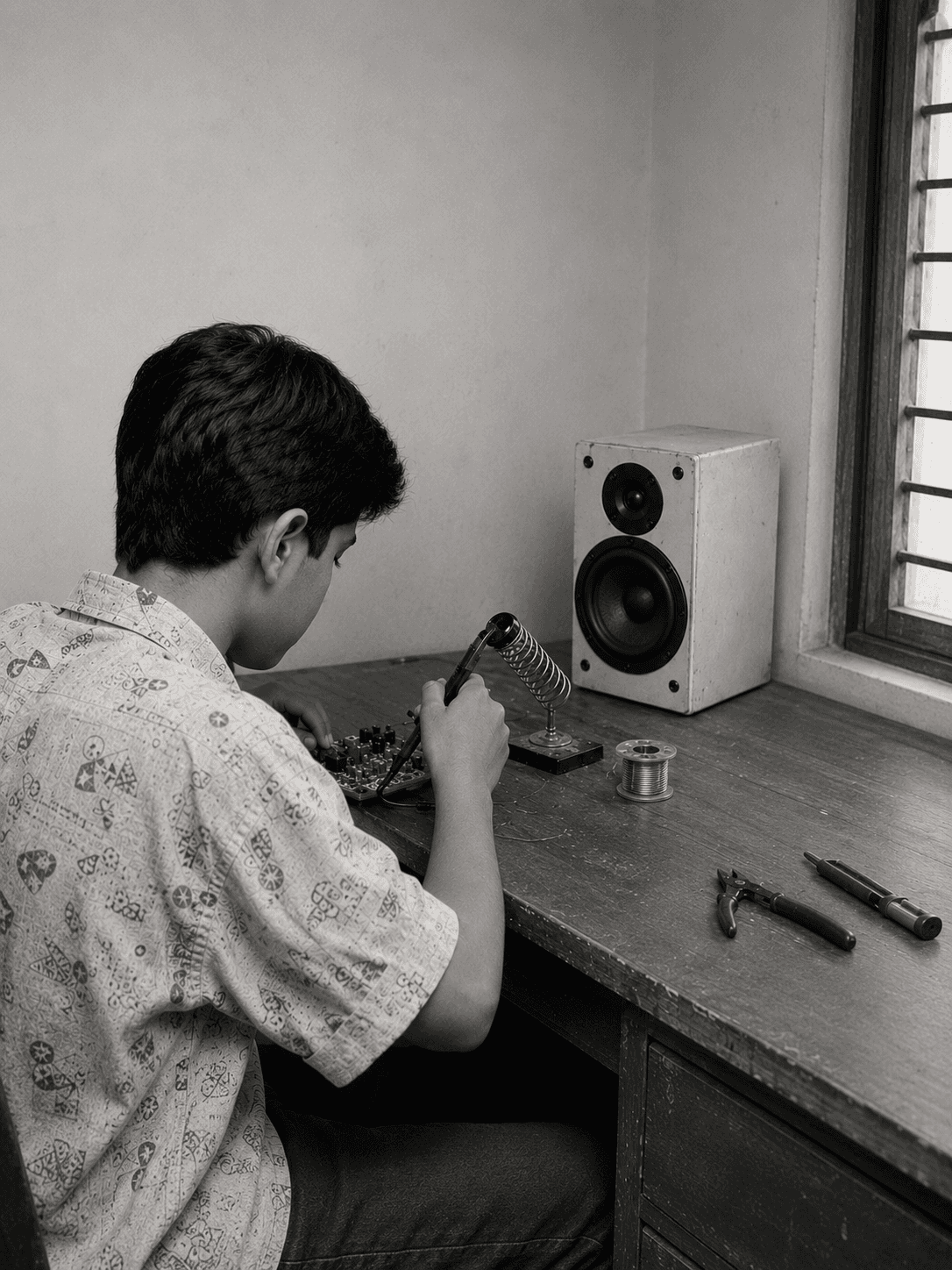 A young boy soldering electronic components at a workbench, with a hand-built speaker beside him